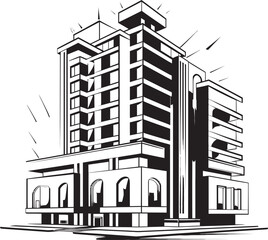 Midnight Metropolis Vector Sketch of Multifloor Building Shadowy Urban Structure Black Building Design Icon