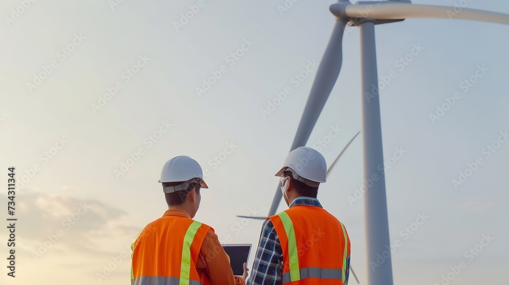 Aufkleber generative ai : maintenance engineers in safety workwear using laptop checklist wind turbine on wind