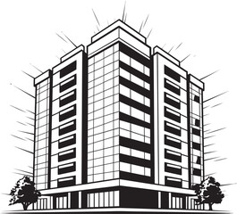 Fototapeta premium Monochrome Urban Development Sketch Vector Multifloor Building in Black Charcoal Corporate Complex Outline Black Multifloor Building Sketch
