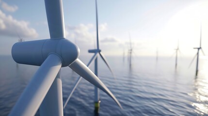 Generative AI : Offshore wind turbines farm on the ocean. Sustainable energy production, clean power. - obrazy, fototapety, plakaty