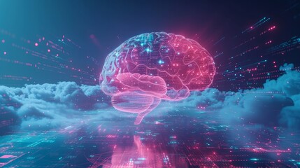A digital brain floats within a cloud of numerical information, illustrating the concepts of Big Data and artificial intelligence