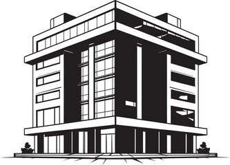 Shadowed Mixed Use Silhouette Vector Building in Black Obsidian Office Tower Design Black Multifloor Structure Sketch