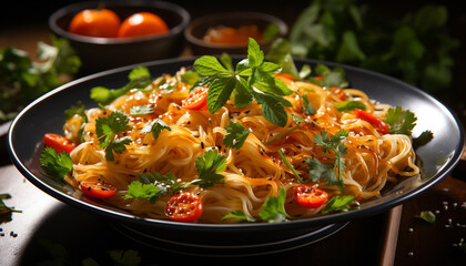 Fresh pasta meal with tomato sauce, cooked herb, and parsley generated by AI