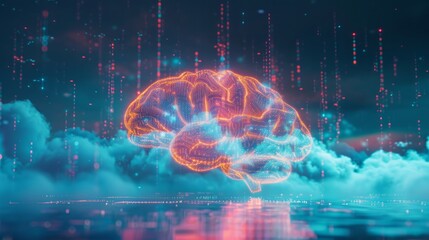 A digital brain floats within a cloud of numerical information, illustrating the concepts of Big Data and artificial intelligence