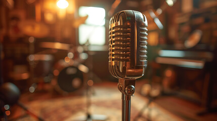 1950's - 60's professional microphone in recording studio, Vintage style microphone. - obrazy, fototapety, plakaty