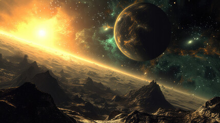 Fototapeta premium Mysterious extraterrestrial world landscape, ideal for cosmic-themed desktop or video call backgrounds.
