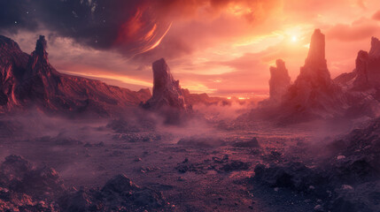 Mysterious extraterrestrial world landscape, ideal for cosmic-themed desktop or video call backgrounds.