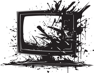 Cracked Console Vector Icon of Broken TV Screen Demolished Display Black Design of Shattered Television