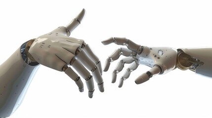 A 3D illustration isolated on a white background depicts the concept of a partnership between human and robot hands reaching out, symbolizing artificial intelligence collaboration