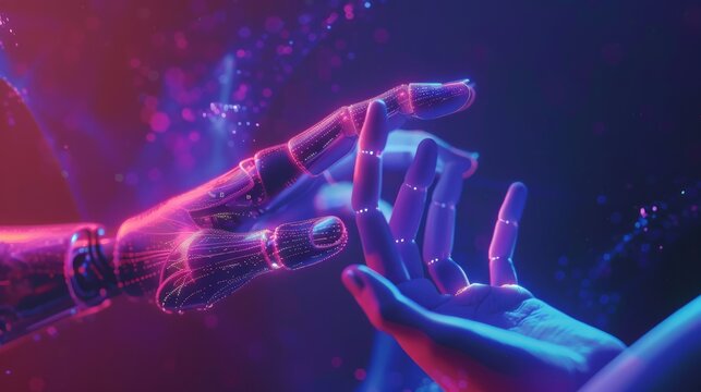 A 3D illustration symbolizing virtual reality or artificial intelligence technology features the touching hands of a robot and a human, emphasizing their connection and collaboration