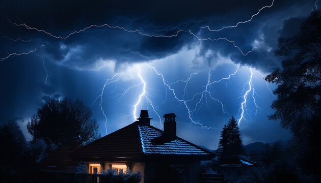 Dark night, thunderstorm, spooky sky, illuminated by bright lightning generated by AI