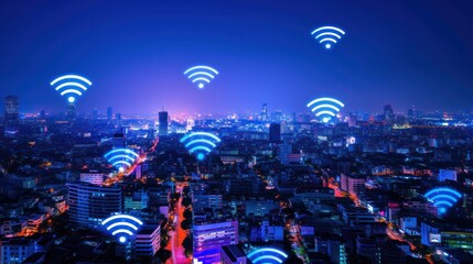 A modern cityscape integrates wireless network connection, highlighting seamless urban connectivity against the backdrop of the night sky