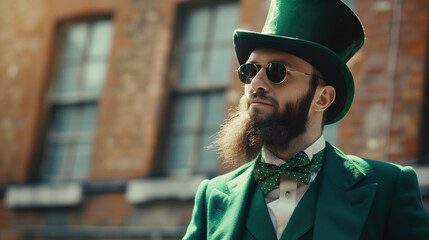 Quirky man in green top hat and suit, ideal for St. Patrick's Day themed content and celebrations.