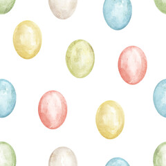 Seamless pattern with set vintage colorful easter eggs isolated on white background. Watercolor hand drawn illustration sketch