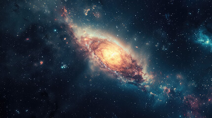 Spiral galaxy in space with nebulae and starfield, cosmic background.
