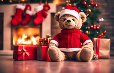 Obraz na płótnie Canvas Wait for santa teddy bear on a window sill christmas lights and gift box warm home interior 