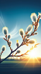 Palm Sunday Morning.Soft Willow branches in sun lights. - obrazy, fototapety, plakaty