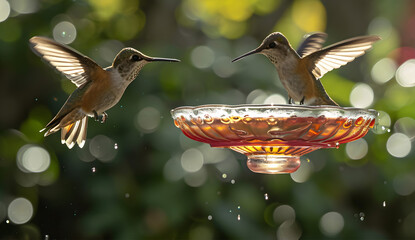 Male and female broad-billed hummingbirds drink honey