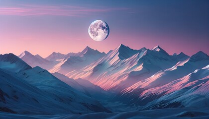 A large full moon rises above the snowy peak, glowing in red light because of the setting sun, of the mountain Himal Chuli in the nepali Himalayas. The picture was taken in Pokhara. - 734313318