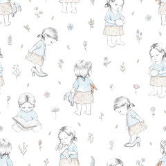 Seamless pattern with varied cartoon flowers, baby girl and toys isolated on white background. Watercolor hand drawn illustration
