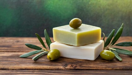 Natural bar of soap with olive oil extract on brown textured wood. Pieces of green nourishing soap and olive berries.