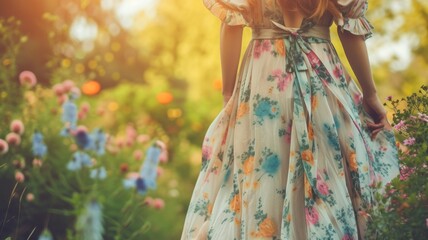 Ethereal Woman in Flowing Floral Dress Amongst Sunlit Wildflowers , vibrant bow tied at the back, swaying gently in a breezy garden - Powered by Adobe