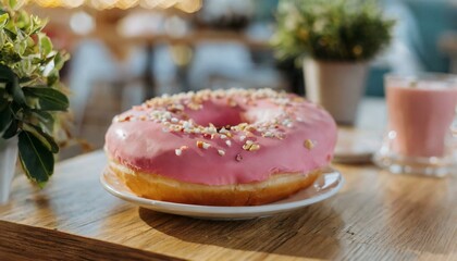 Close up photo of pretty pink donut on table scene