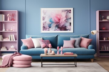 Carpet pink blue sofa interior. Living home. Generate Ai