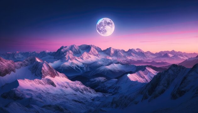 A large full moon rises above the snowy peak, glowing in red light because of the setting sun, of the mountain Himal Chuli in the nepali Himalayas. The picture was taken in Pokhara.