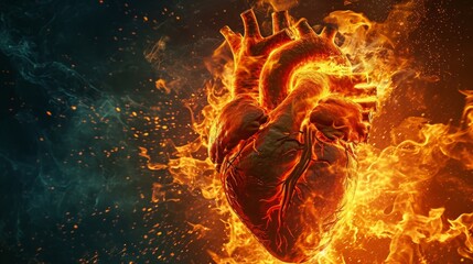 human heart, burning in a striking fire, symbolizing passion, generative ai - obrazy, fototapety, plakaty