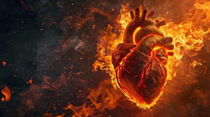 human heart, burning in a striking fire, symbolizing passion, generative ai