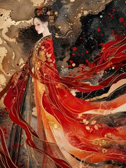 ancient Chinese woman in traditional costume Hanfu, Tang Dynasty, female figure, concept art, dress design, lady, spring, wallpaper, abstract illustration, red, gold, black, AI
