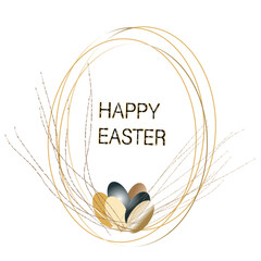 Happy Easter card with golden eggs. Modern minimalist style. Designed for poster, greeting card, website header.