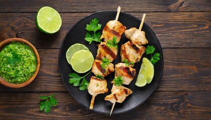 Grilled chicken souvlaki with parsley and lime wedges on black plate on dark wooden table, horizontal view from above, flat lay, free space