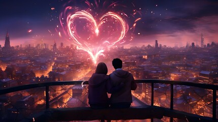 A couple watching fireworks from rooftop celebrating love