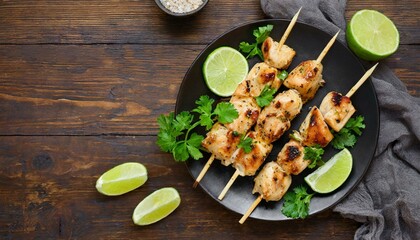 Grilled chicken souvlaki with parsley and lime wedges on black plate on dark wooden table,...