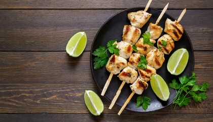 Grilled chicken souvlaki with parsley and lime wedges on black plate on dark wooden table, horizontal view from above, flat lay, free space