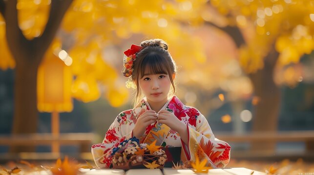 Generative AI : portrait of young asian girl traveller in traditional kimino dress holding meple leavse sit on a wooden table in autumn