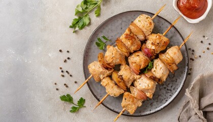 Chicken kebab skewers on a plate over light grey slate, stone or concrete background . Top view...