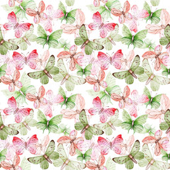 Butterflies watercolor seamless pattern. Pink and light green butterflies on a white background. Insects, moths. Spring, summer. For printing on fabric, wrapping paper, textiles, postcards.