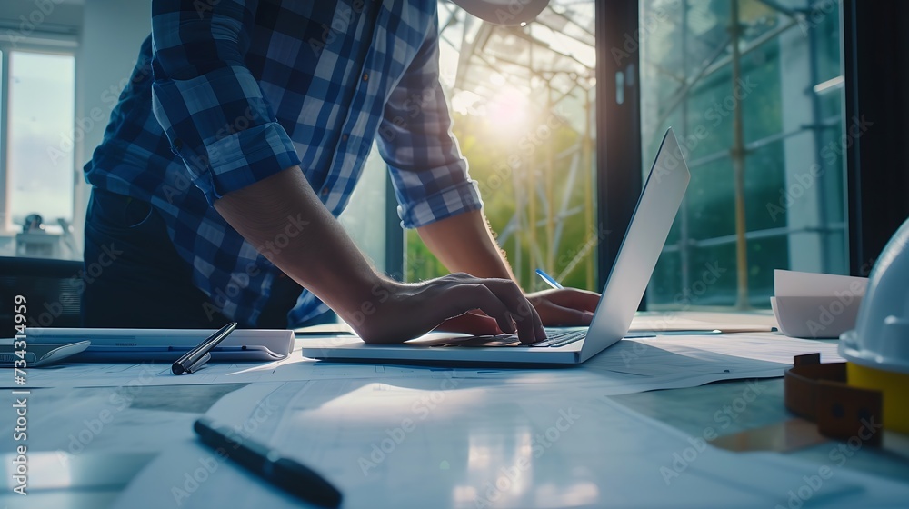 Poster Generative AI : business man hand working and laptop with on architectural project