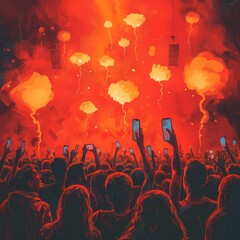 Energetic Crowd at a Live Concert with Fiery Stage Effects