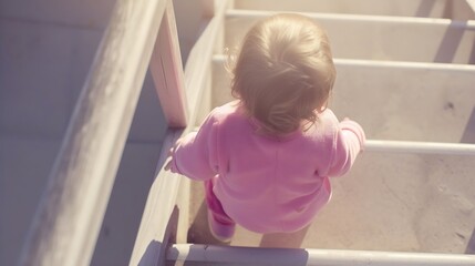 Generative AI : Baby girl scrambles up the stairs. One-year-old child in pink plays on the playground outside.