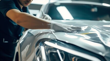 Generative AI : Car wrapping specialist putting vinyl foil or film on car. Selective focus.