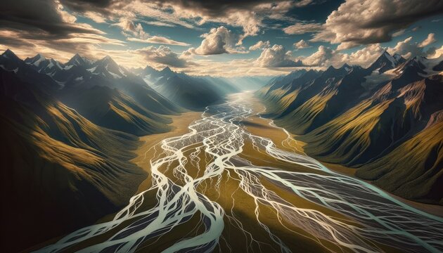 A stunning aerial shot capturing the intricate patterns and vibrant colors of Iceland's river basins juxtaposed with its rugged terrain