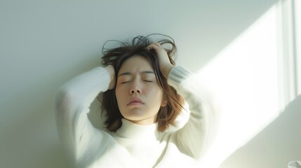 Naklejka premium Generative AI : Insomnia in women. Tired mother with a headache