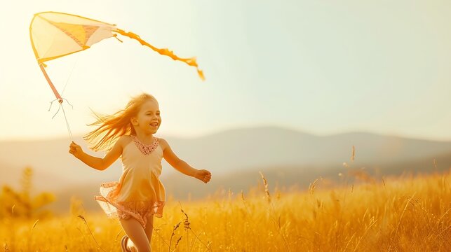 Generative AI : happy child girl with a kite running on meadow in summer in nature