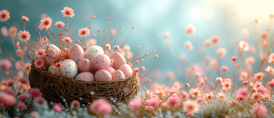 Easter eggs in a nest with pink flowers on a blue background. - Powered by Adobe