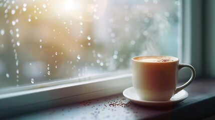 Obraz premium Generative AI : Steaming coffee cup on a rainy day window background