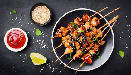 Teriyaki chicken skewers on plate over black background with copy space. Top view, flat lay 